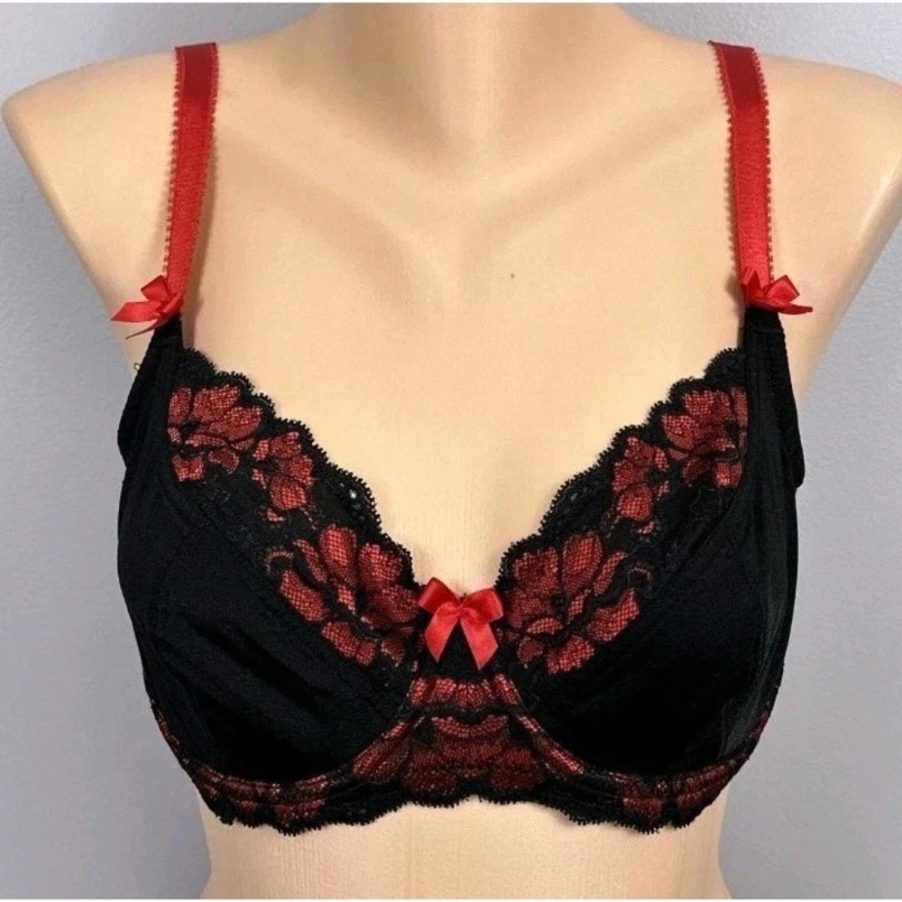 Adore Me Bra Size 44D Full Coverage Black Red Lace Unlined Underwire Sexy‎ EUC